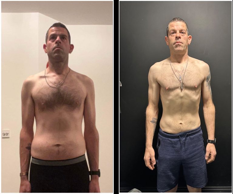Two side-by-side images show the same man before and after a physical transformation. In the left image, he has a fuller torso and in the right image, his physique appears more defined and toned. He is standing in similar poses in both images, wearing shorts.