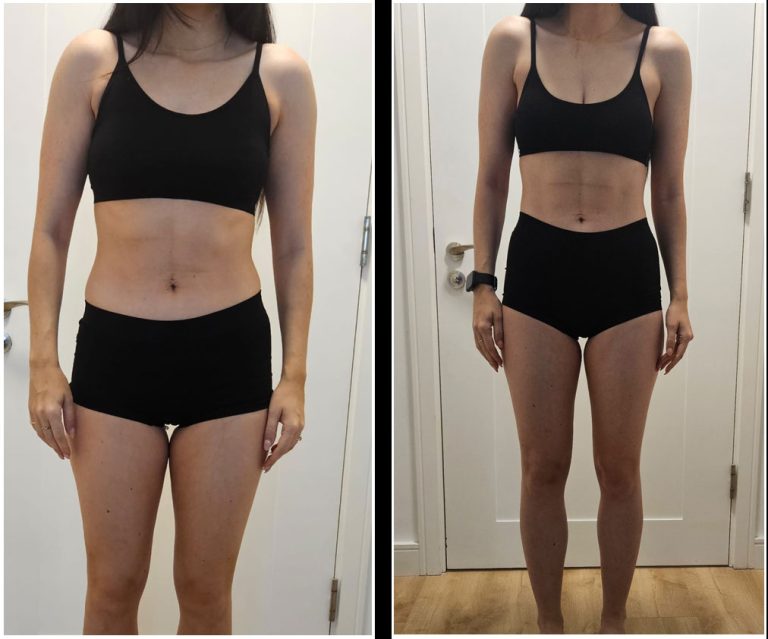 Side-by-side images of a woman standing indoors. Both images show the same woman wearing a black sports bra and black shorts, facing forward. The image on the left shows her before weight loss, and the image on the right shows her after weight loss.