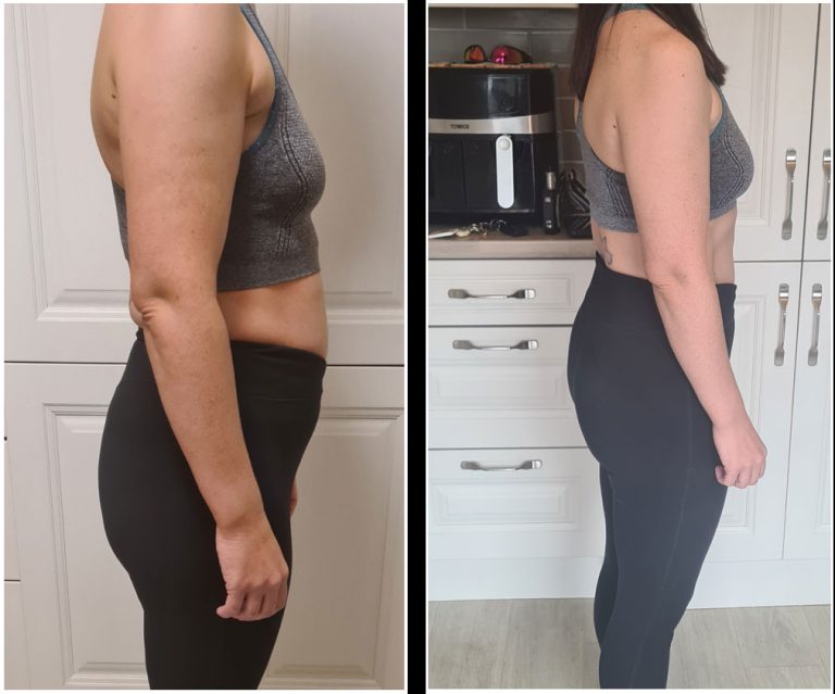 Side-by-side comparison photos of a person's upper body before and after a physical transformation. The individual is wearing a gray sports bra and black leggings in both images. The background shows a white kitchen. The after photo displays a more defined physique.