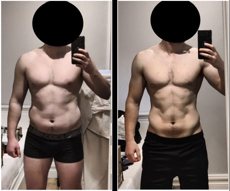 Two side-by-side mirror selfies of a shirtless person with their face blacked out. The left image shows the person with more body fat, while the right image shows a more toned and muscular physique. Both images appear to have been taken in the same room.