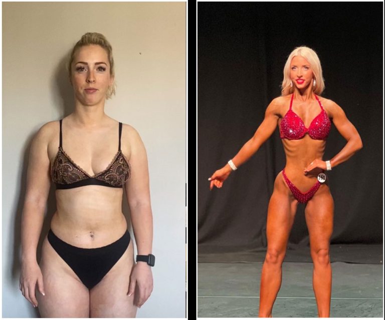 A side-by-side comparison image shows a woman before and after a fitness transformation. On the left, she is wearing a patterned bikini, standing against a beige wall. On the right, she is wearing a red sequin bikini, posing on stage at a bodybuilding competition.