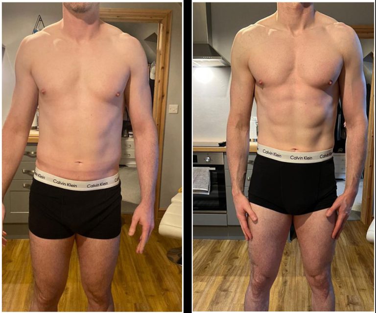 A side-by-side comparison of a man's torso before and after a fitness transformation. The image on the left shows him with a less defined physique, while the image on the right shows a more toned and muscular body. He is wearing black Calvin Klein underwear in both images.
