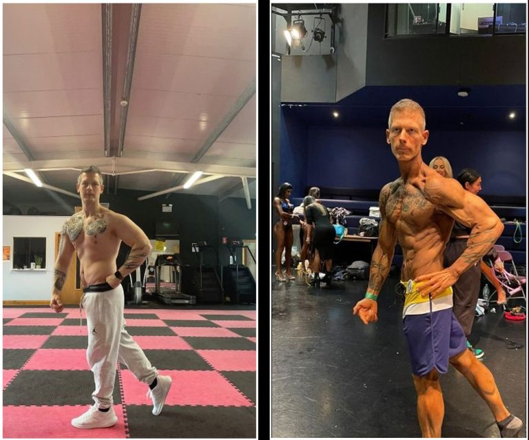 Two images of a man in fitness attire showcasing his physique. In the left image, he is in a gym, wearing white pants and sneakers, posing on one leg. In the right image, he is on a stage, wearing shorts and flexing his muscles among other people in the background.