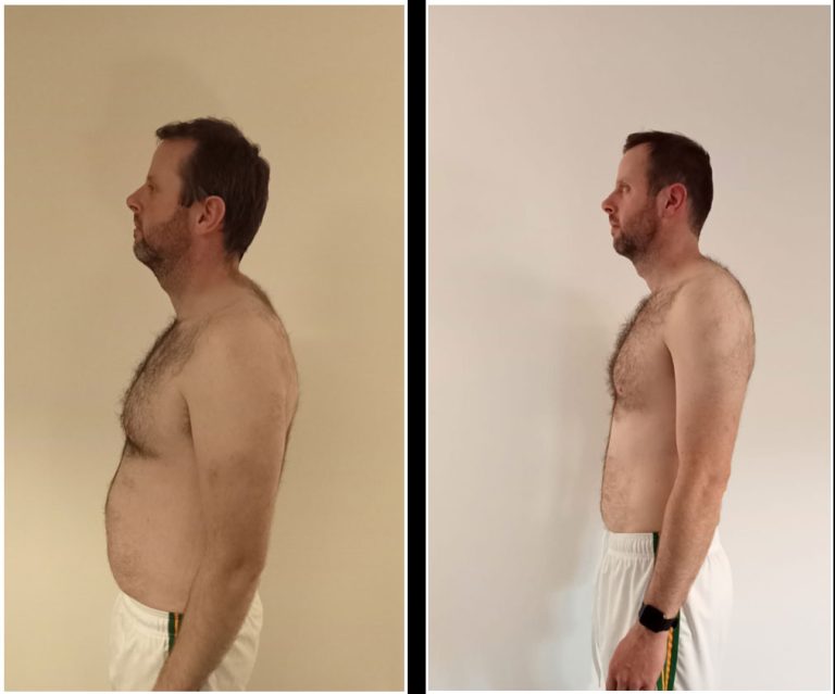Side-by-side comparison of a man before and after weight loss. Both photos show the man shirtless in white shorts against a plain background. The left image shows the man with a larger belly, while the right image shows a visibly slimmer physique.