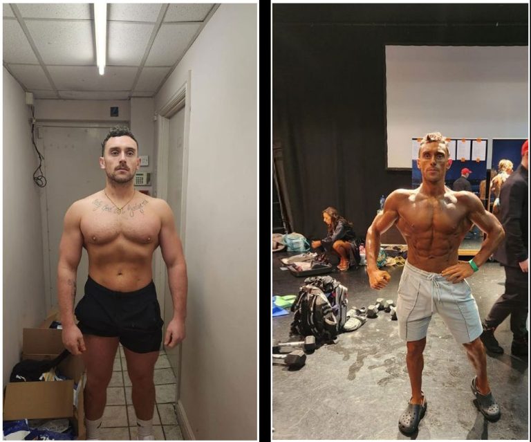 Two side-by-side images show the same man. In the left image, the man is standing in a narrow hallway wearing black shorts, and appears less muscular. In the right image, he is posing in a room, looking significantly more muscular, wearing light-colored shorts and black footwear.