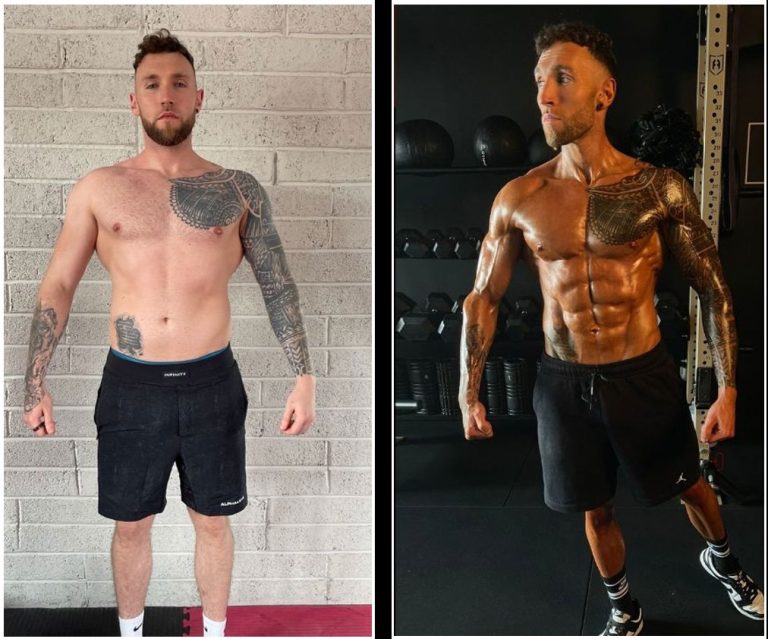 Side-by-side comparison of a muscular man. Left image: he stands in front of a white brick wall, not flexing, wearing black shorts. Right image: he stands in a gym, flexing, showing significant muscle definition, and wearing black shorts.