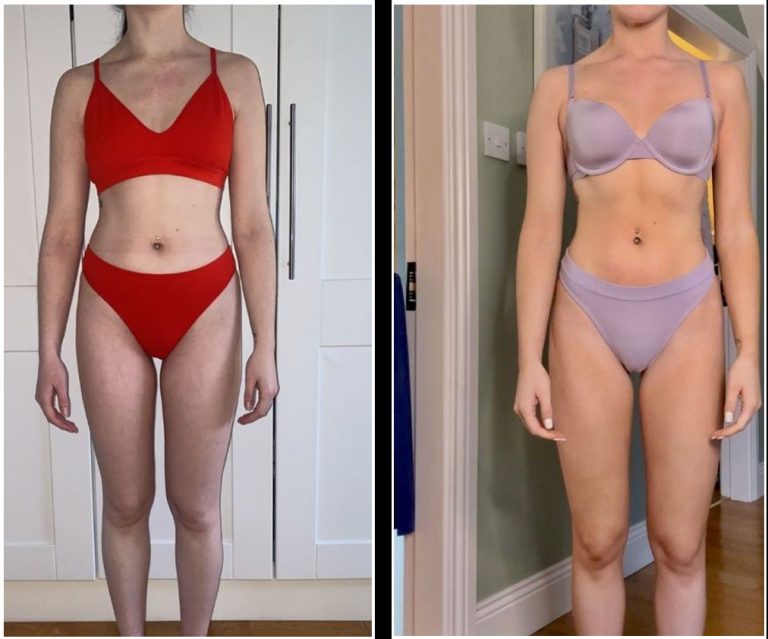 Two side-by-side photos show a woman wearing underwear. The left image features her in a red bra and panties, while the right image shows her in a lavender bra and panties. Both images are taken in similar indoor settings.